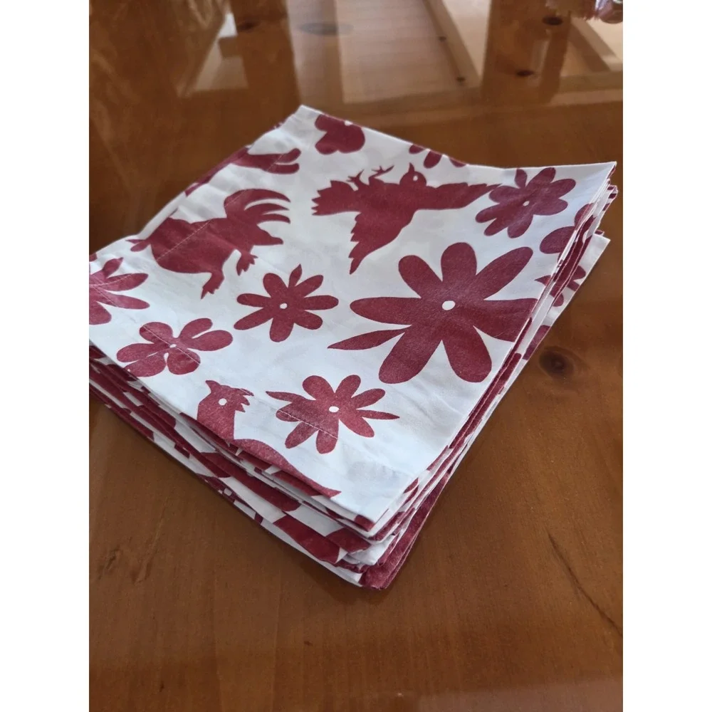 Potterybarn Folk Art Farm Animal Napkin (7) White Red Donkey Bird Cow Holiday